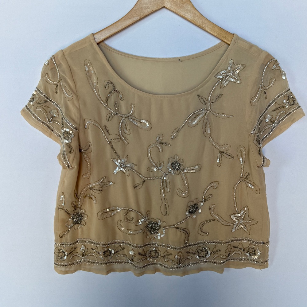 Zara Beaded Sequin Lined Top Women's Medium Tan Floral Sheer Fairycore Whimsical